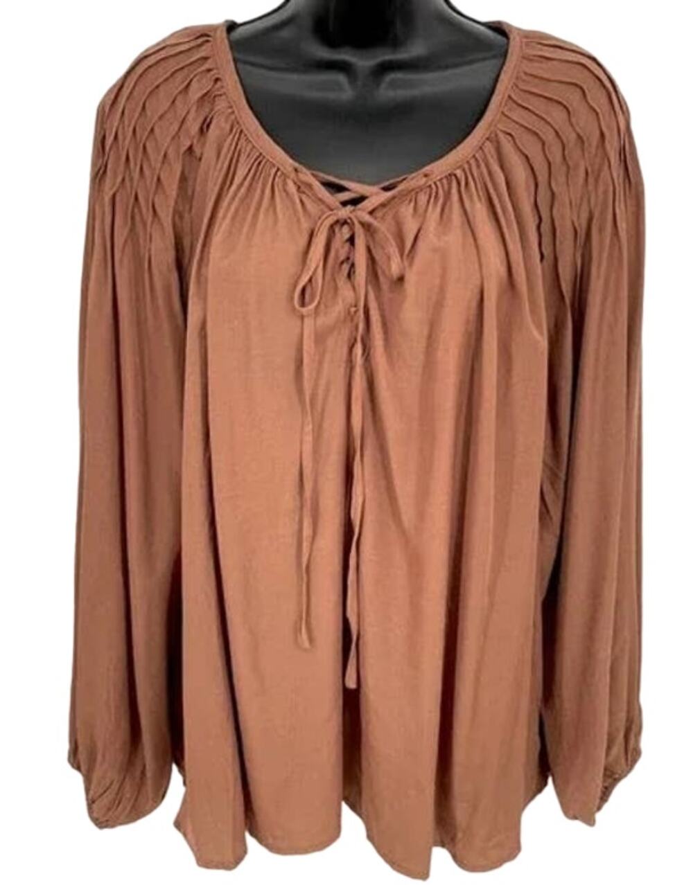 Mustard Seed Peasant Blouse Medium Mocha NEW Lace Up Neckline Pintuck Flowy Boho